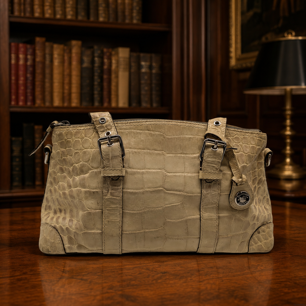 Authentic Dooney & Bourke Beige Crocodile-Embossed Leather Satchel