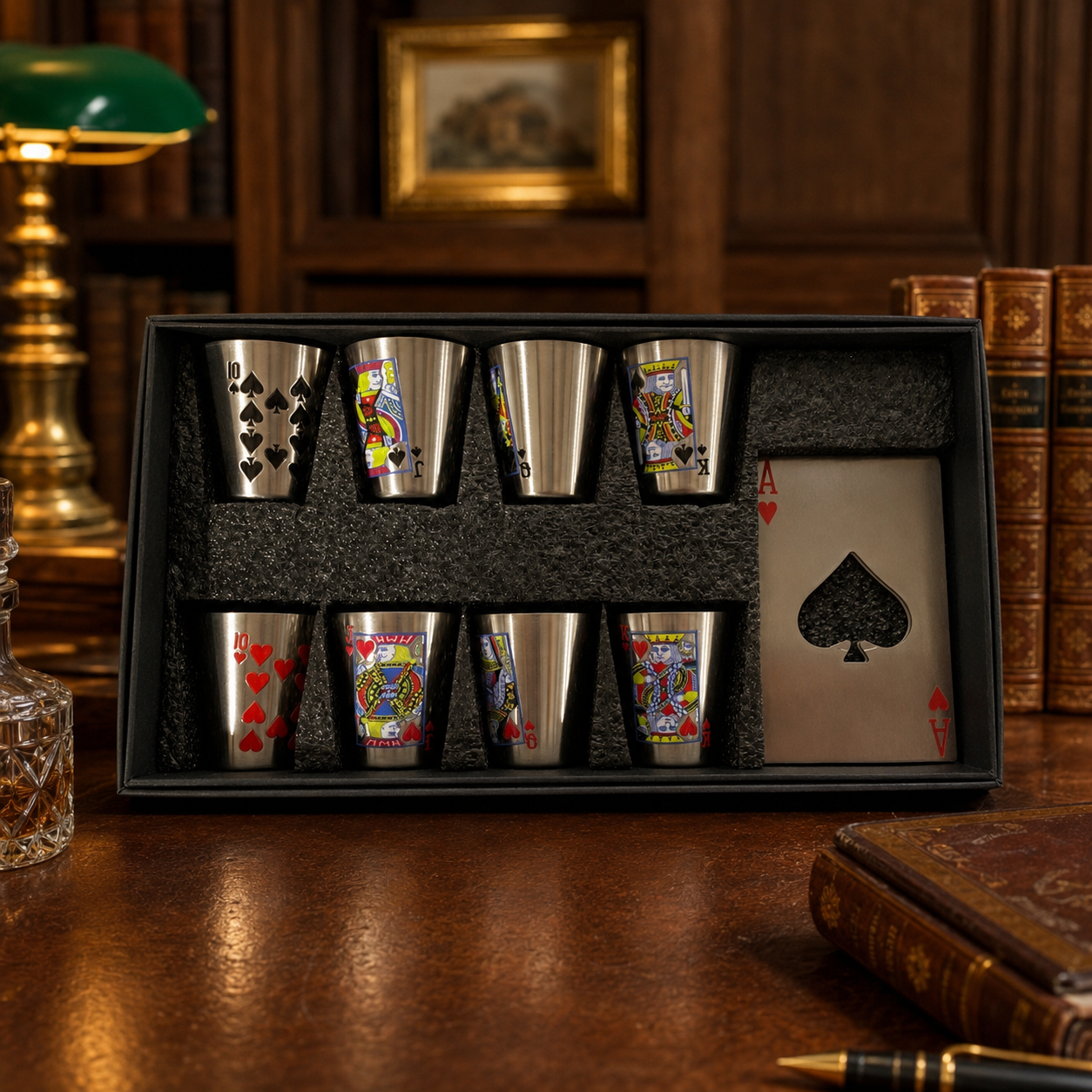 Royal Collection Playing Cards 8 Shot Glasses & 2 Card Bottle Openers
