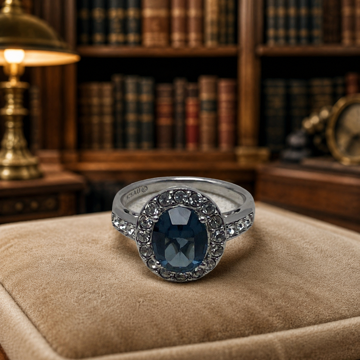 925 Silver Blue & Clear Rhinestone Ornate Ring Size 9