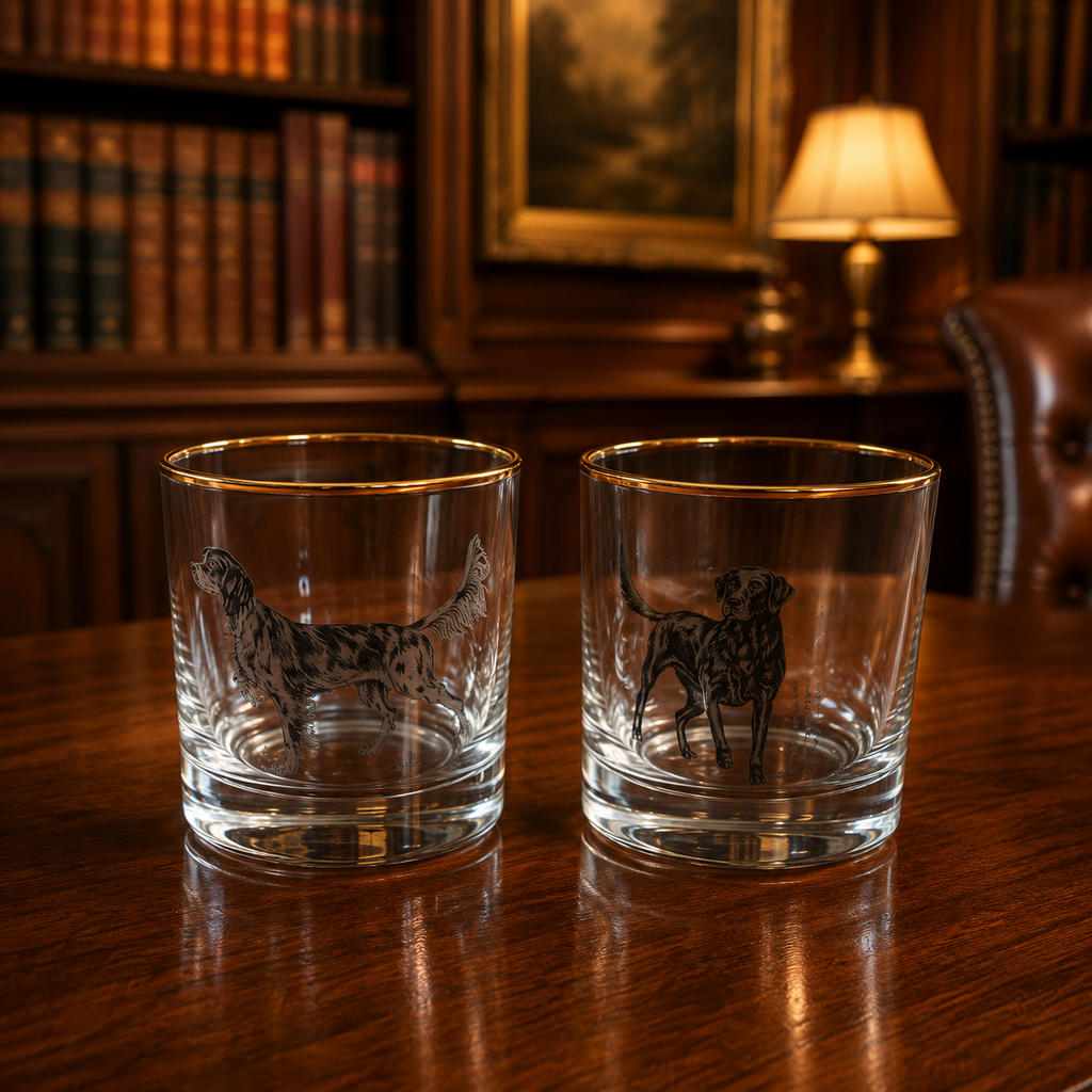 Pressed Glass Clear Sport Dog Whiskey Glasses Set 2 Gold Rim Hunting Dog 3.25"