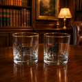 Pressed Glass Clear Sport Dog Whiskey Glasses Set 2 Gold Rim Hunting Dog 3.25"