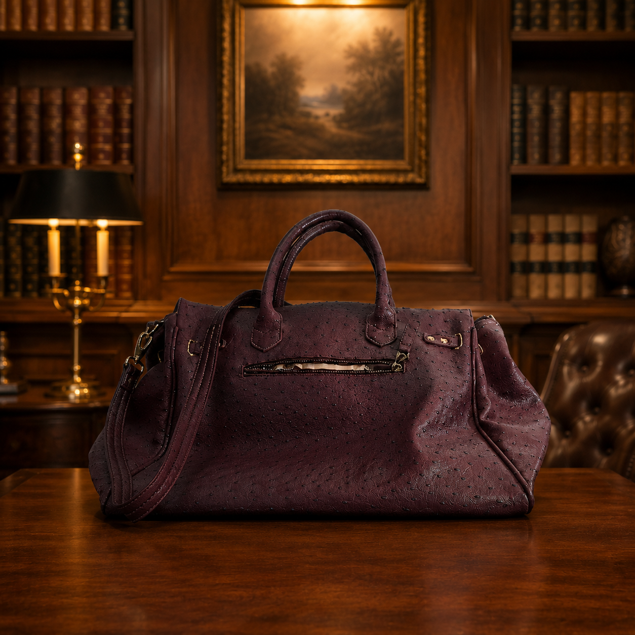 Mount Noble Plum Ostrich Embossed Shoulder Bag with Zipper Satchel Handbag