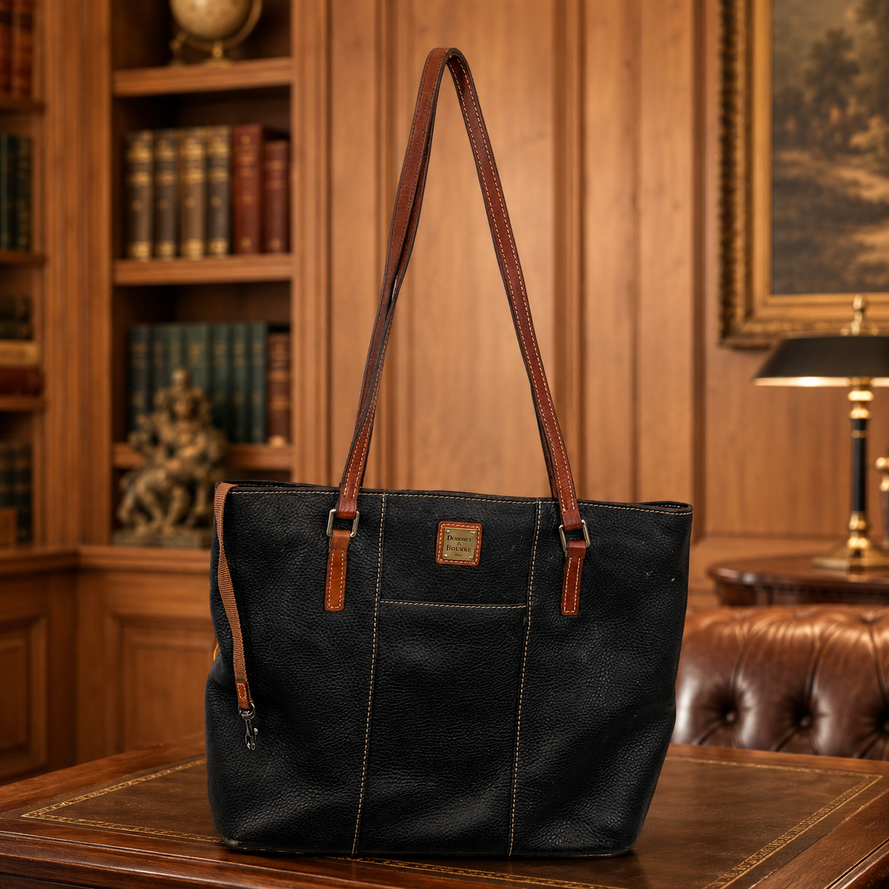 Dooney and Bourke Black Lexington Shopper Tote Bag with Brown Leather Trim | Medium Leather Shoulder Bag