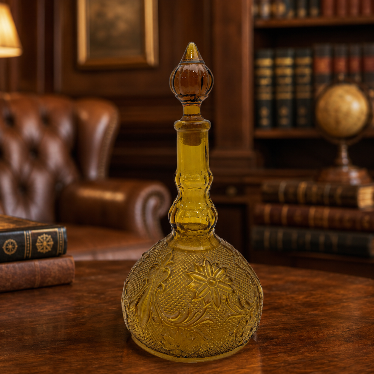 Vintage Amber Glass Genie Bottle Decanter with Stopper Embossed Floral Whiskey Bottle