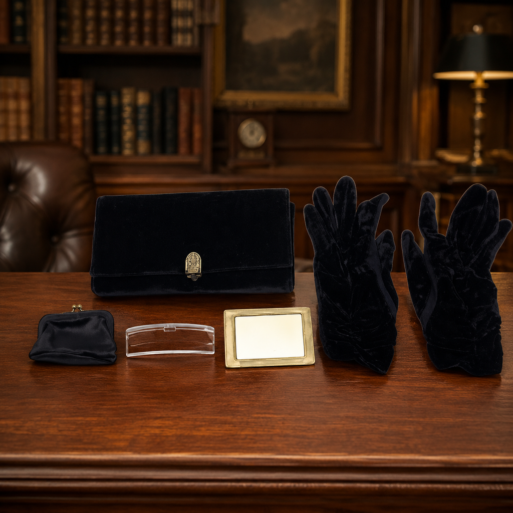 Garay Blue Rayon Velvet Handbag Set with Matching Gloves, Coin Purse and Mirror