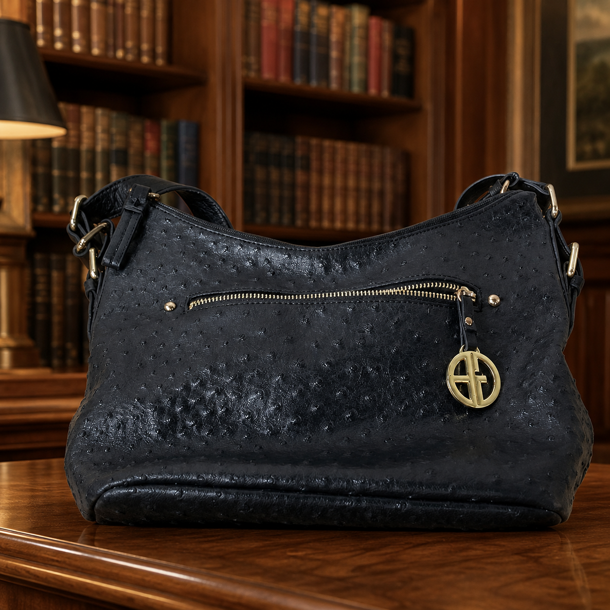 Giani Bernini Black Faux Ostrich Embossed Hobo Handbag Gold Hardware