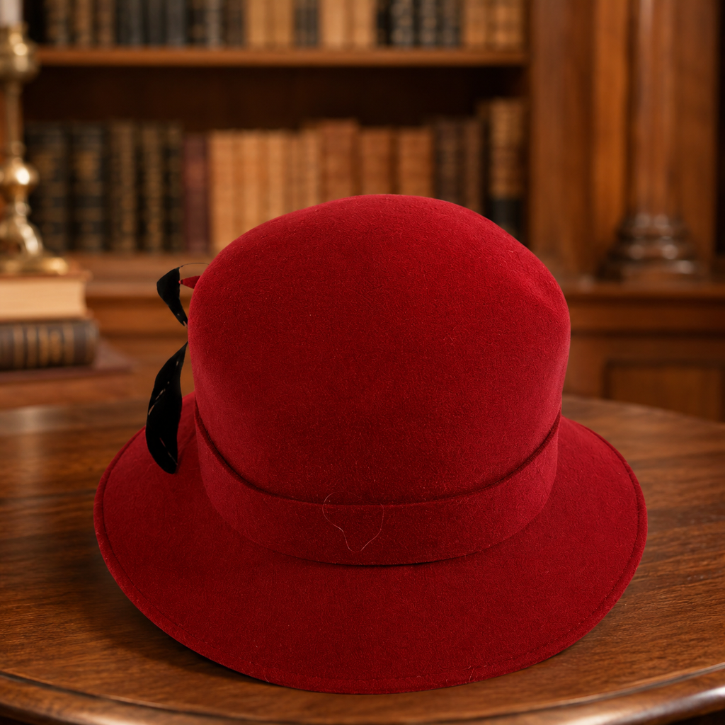 Red Wool Felt Cloche Hat with Black Feather & Ribbon Trim, Classic Women’s Dress Hat