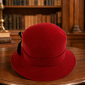 Red Wool Felt Cloche Hat with Black Feather & Ribbon Trim, Classic Women’s Dress Hat