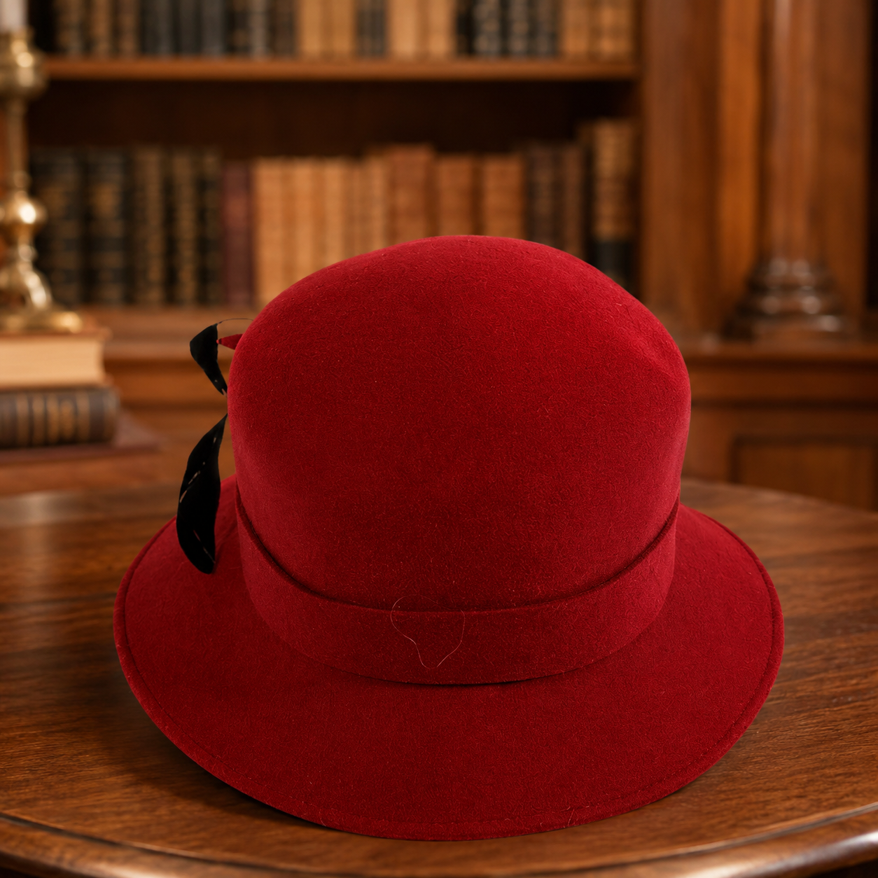 Red Wool Felt Cloche Hat with Black Feather & Ribbon Trim, Classic Women’s Dress Hat