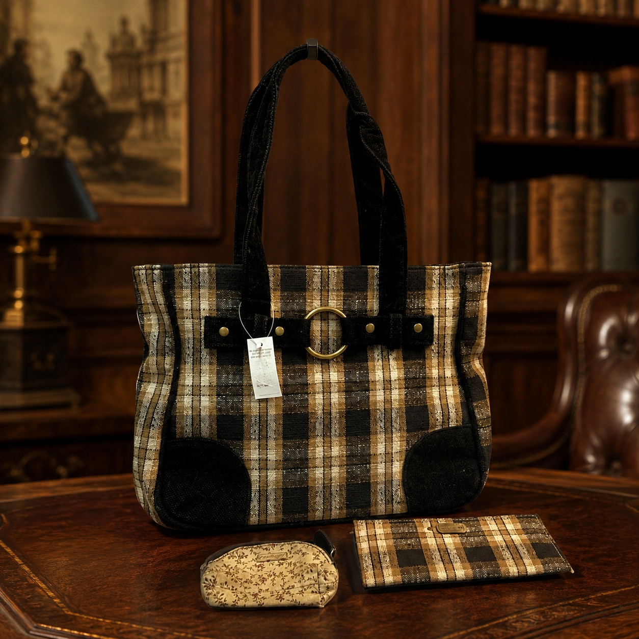 Longaberger Plaid Tote Bag Purse Wallet & Pouch 3 Piece Set Homestead Fabric