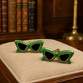 Green Enamel Cat-Eye Sunglasses Stud Earrings Gold Tone Novelty Retro Style
