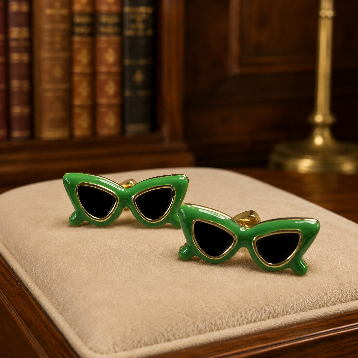 Green Enamel Cat-Eye Sunglasses Stud Earrings Gold Tone Novelty Retro Style