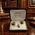 Vintage Tug's Gold Tone Cufflinks and Tie Tack Set Green Cabochon in Box