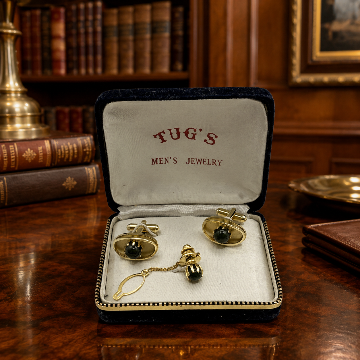 Vintage Tug's Gold Tone Cufflinks and Tie Tack Set Green Cabochon in Box