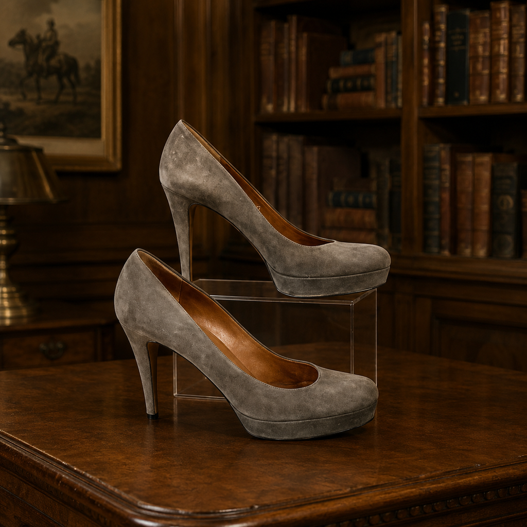 Gucci Taupe Suede Platform Pumps Size 39.5 Round Toe High Heel Designer Shoes