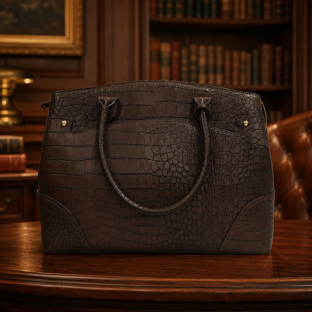 London Fog Mahogany Croc Embossed Satchel Bag, Brown Faux Leather Structured Handbag