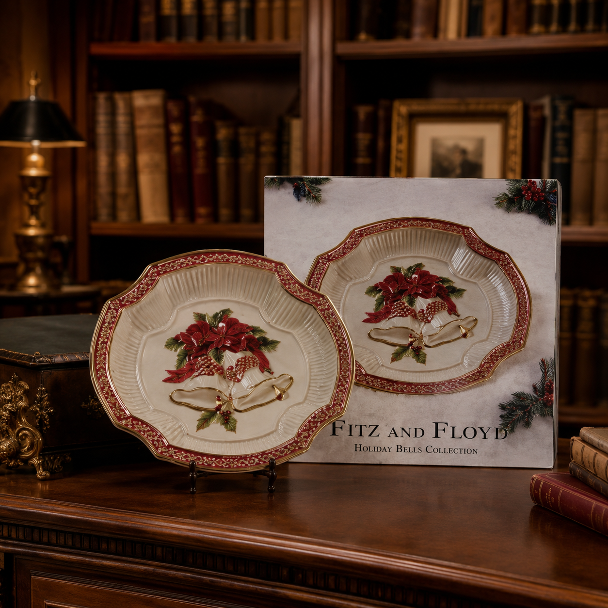 (SOLD) Fitz & Floyd Holiday Bells Canapé Plate Christmas Appetizer Dish in Original Box