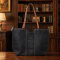 Montana West Black Faux Leather Tote Handbag with Brown Accents