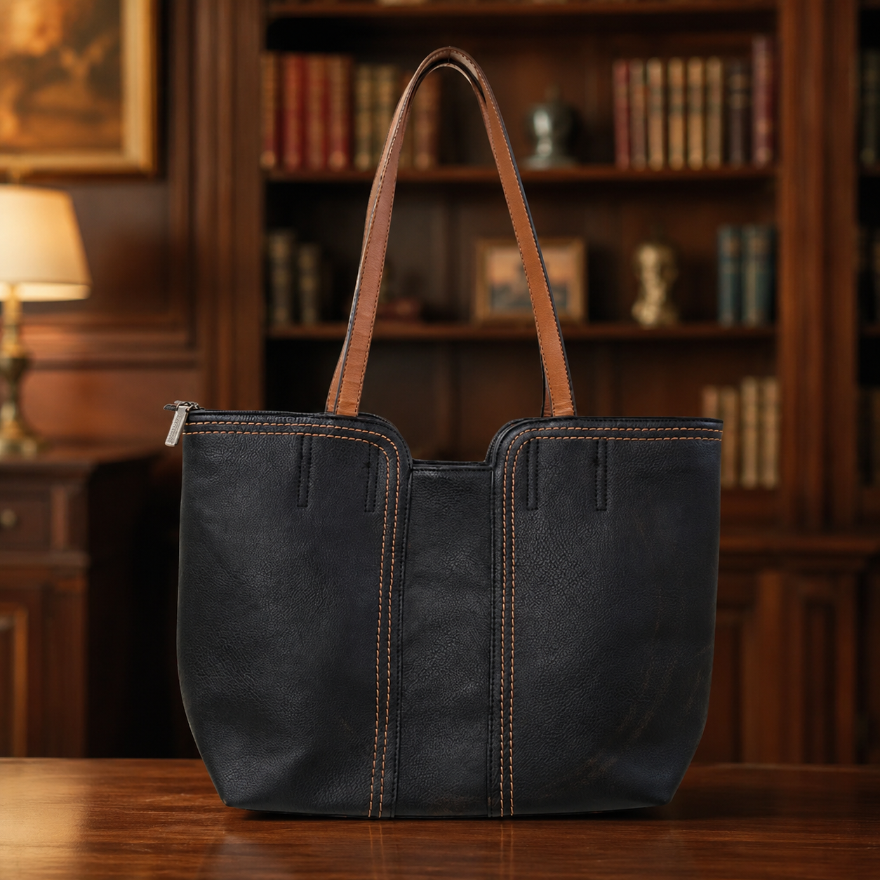 Montana West Black Faux Leather Tote Handbag with Brown Accents