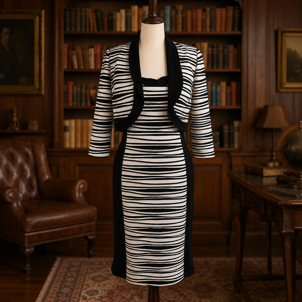 RM Richards Women's Black & White Striped Sleeveless Jacket Dress Set Size 14P