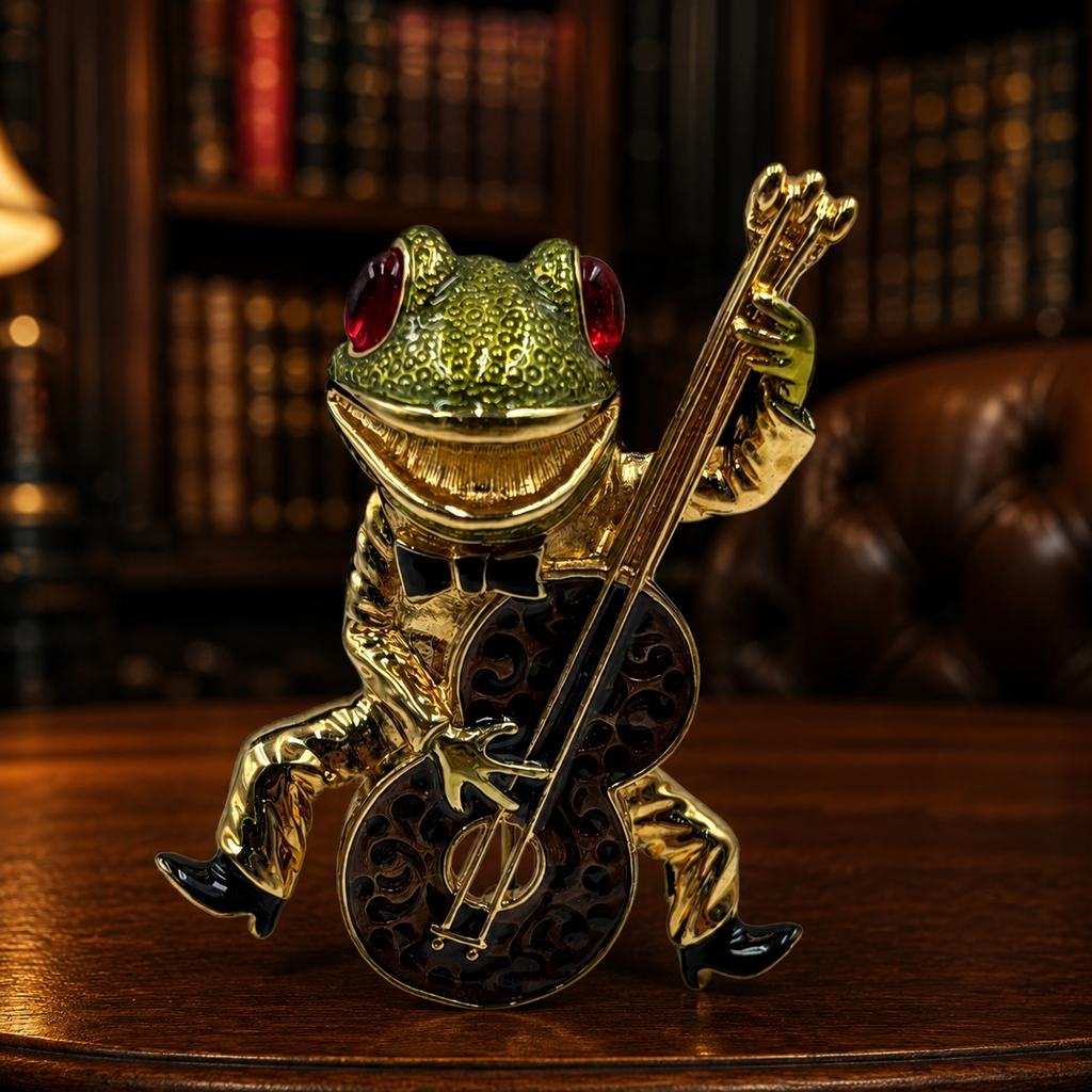 Vintage Kenneth J Lane Enamel Frog Guitar Brooch | Gold Tone Figural Musician Pin
