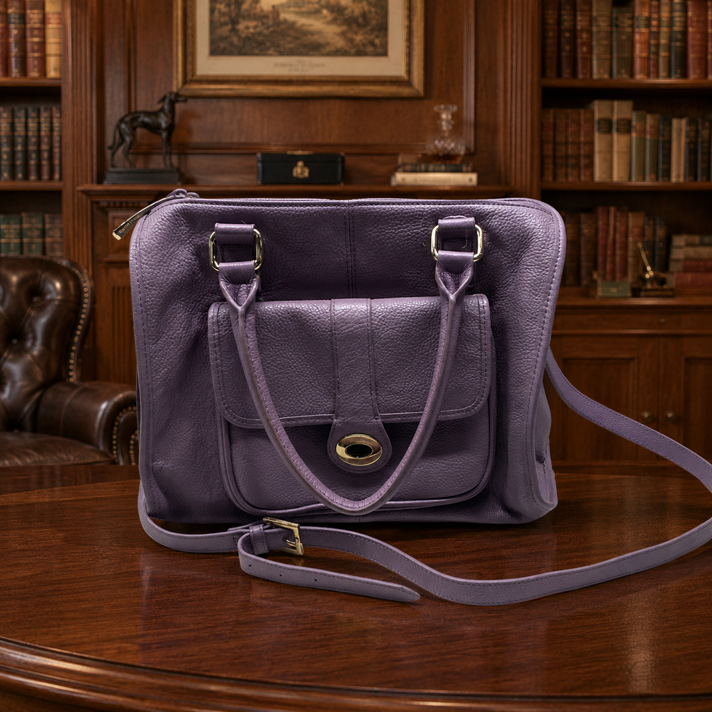 Ora Delphine Purple Pebbled Leather Satchel Crossbody Bag with Gold Hardware | Medium Everyday Handbag