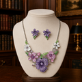 Silver-Tone Pink & Purple Floral Necklace and Clip-On Earrings Set