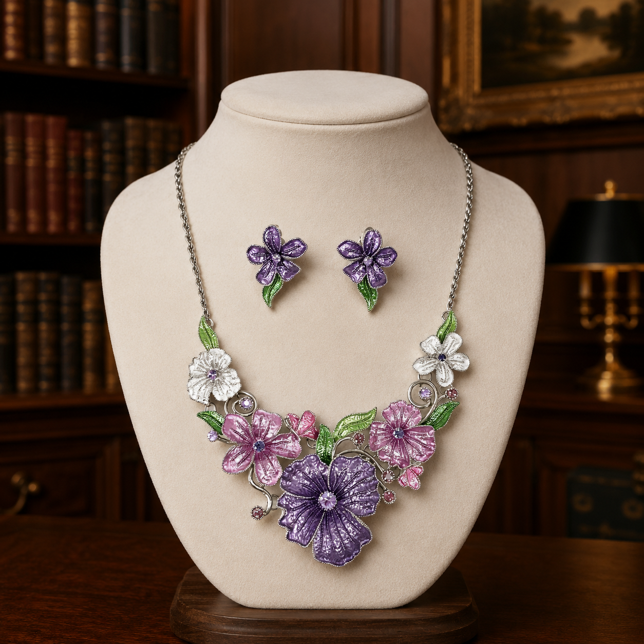 Silver-Tone Pink & Purple Floral Necklace and Clip-On Earrings Set