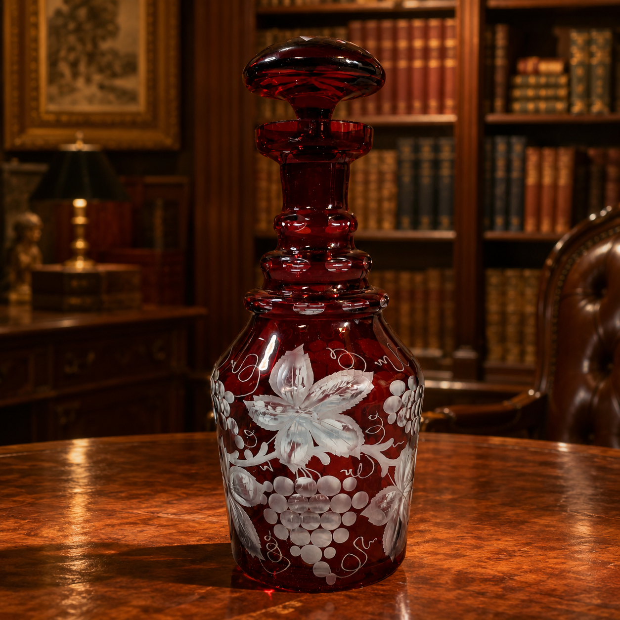 Vintage Egermann Bohemian Cut to Clear Ruby Red Frosted Glass Decanter