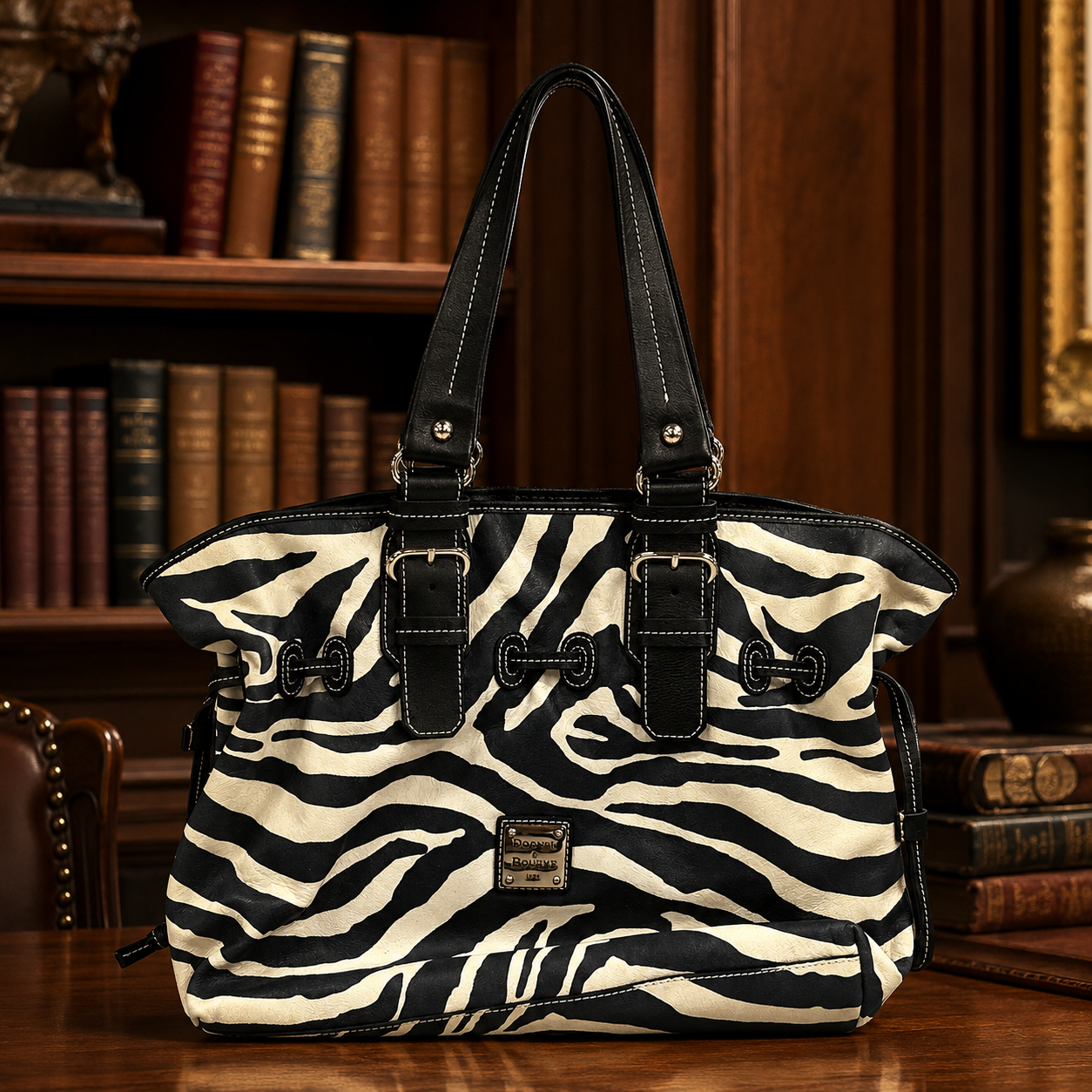 Dooney & Bourke Black & Cream Zebra Print Satchel Handbag