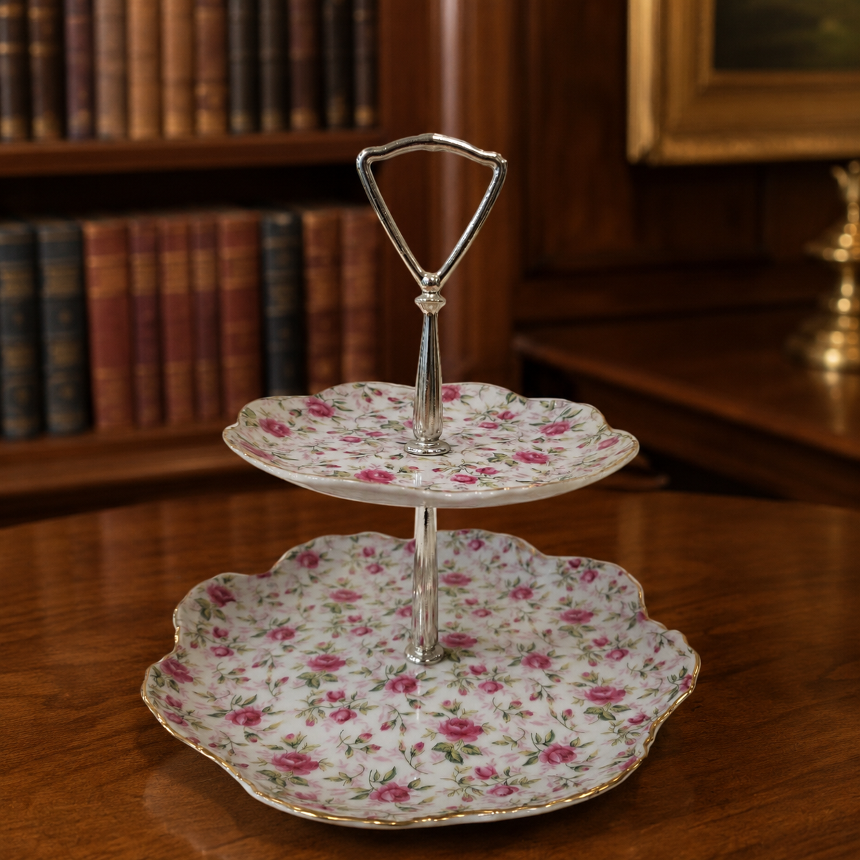Lefton Pink Rose Porcelain Two-Tier Serving Stand with Gold Trim