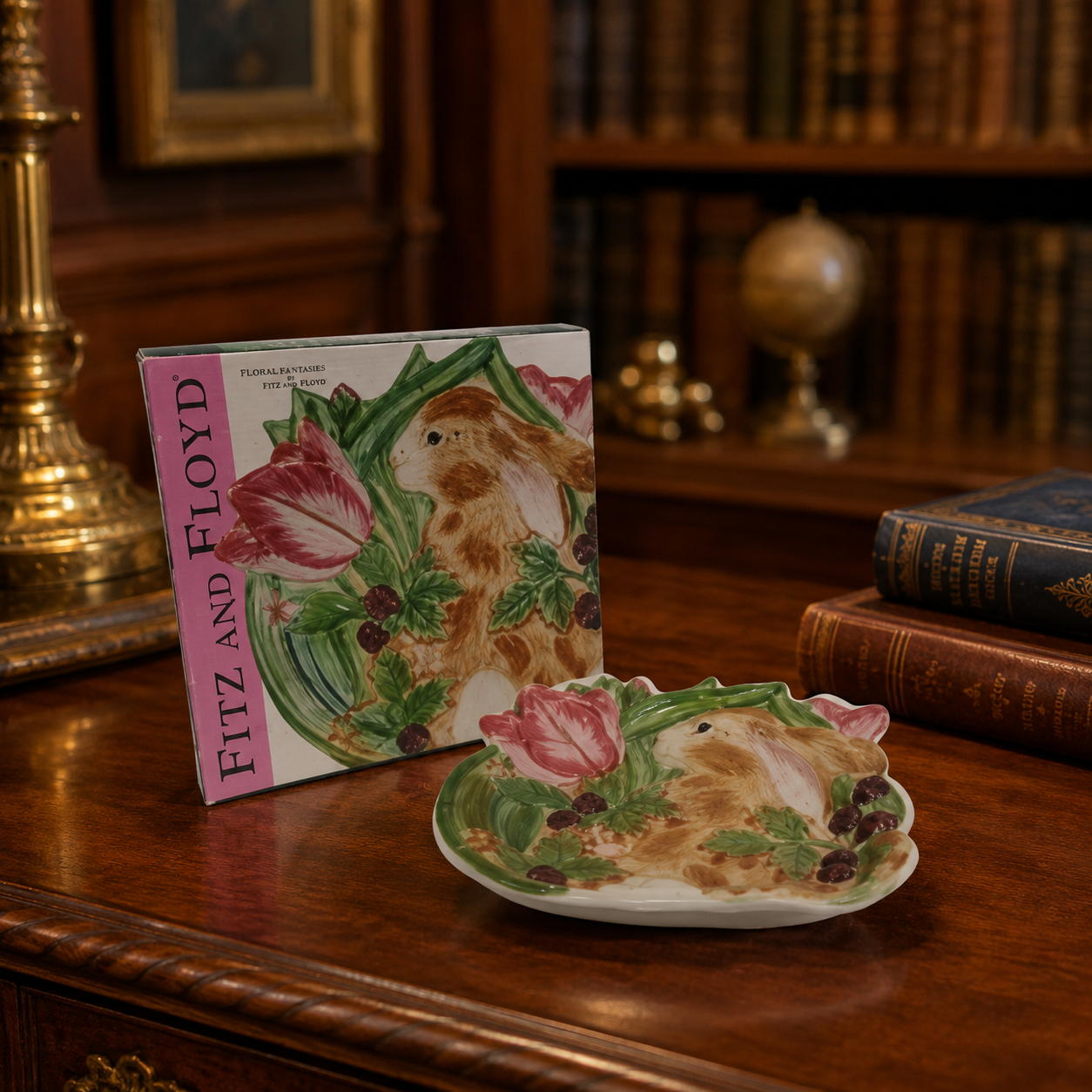 Fitz and Floyd Blackberry Rabbit Canapé Plate in Original Box | Spring Bunny Appetizer Dessert Plate
