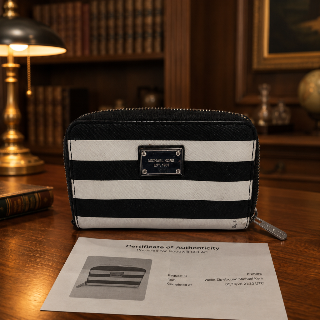 Michael Kors Black & White Striped Zip-Around Wallet with COA
