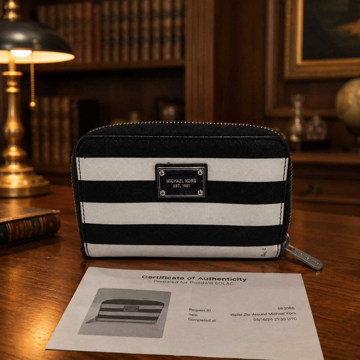 Michael Kors Black & White Striped Zip-Around Wallet with COA