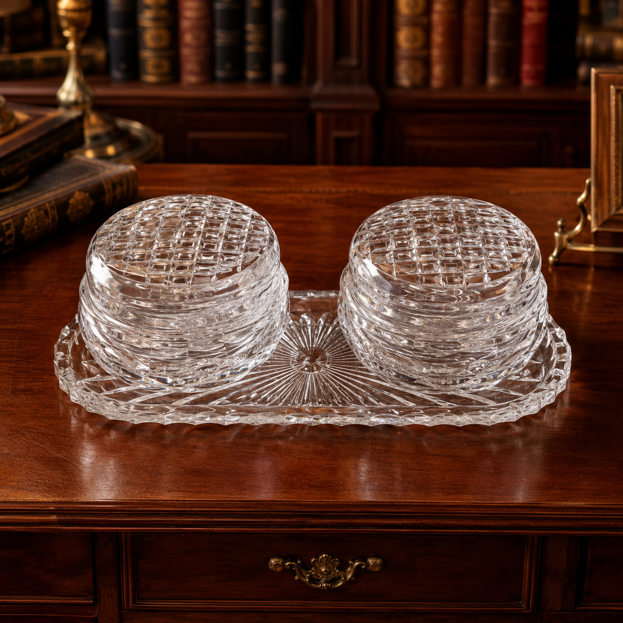 Parka Crystal Hand-Cut Lidded Vanity Jars & Tray Set