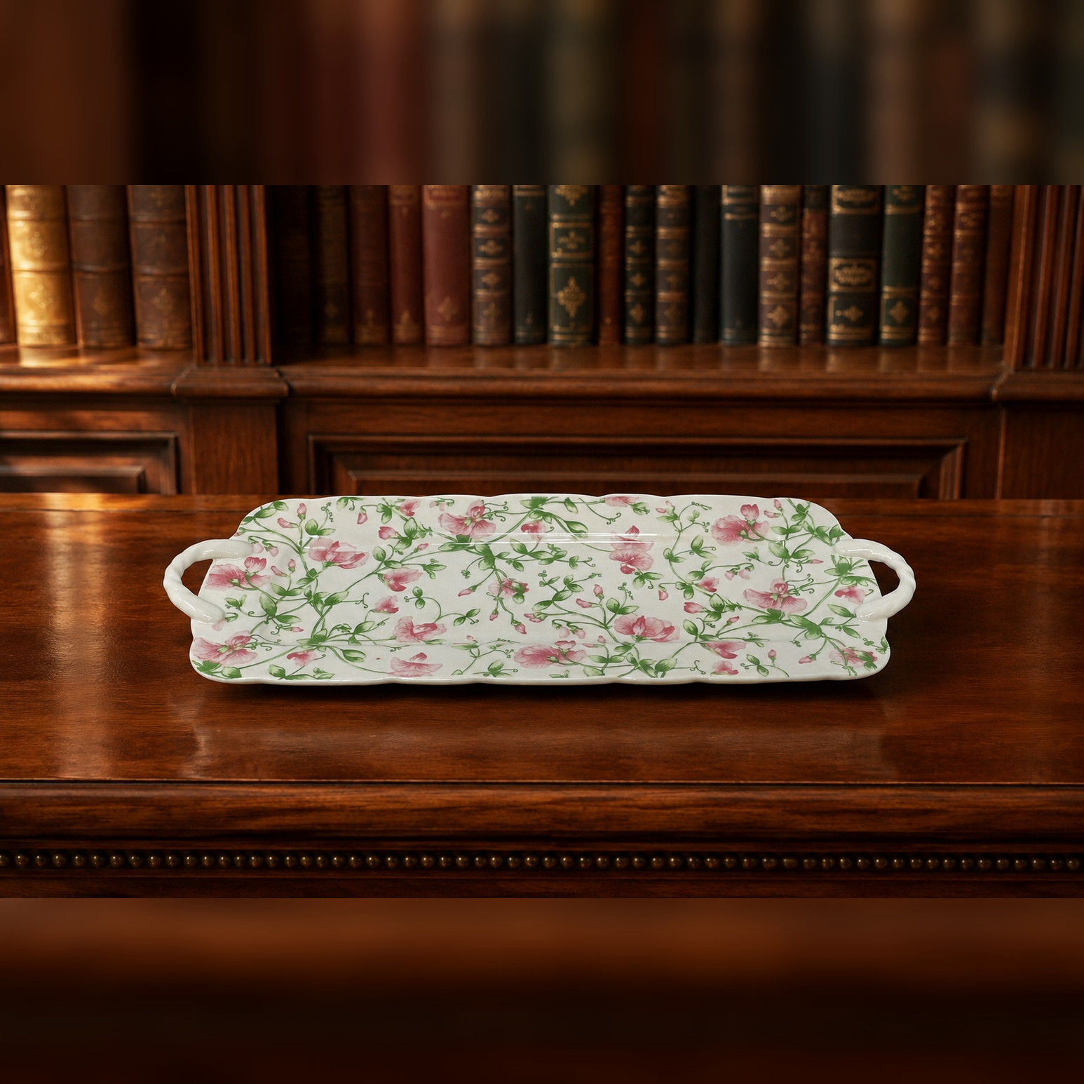 2005 Harry & David Ceramic Serving Tray, Pink Floral Pattern with Handles