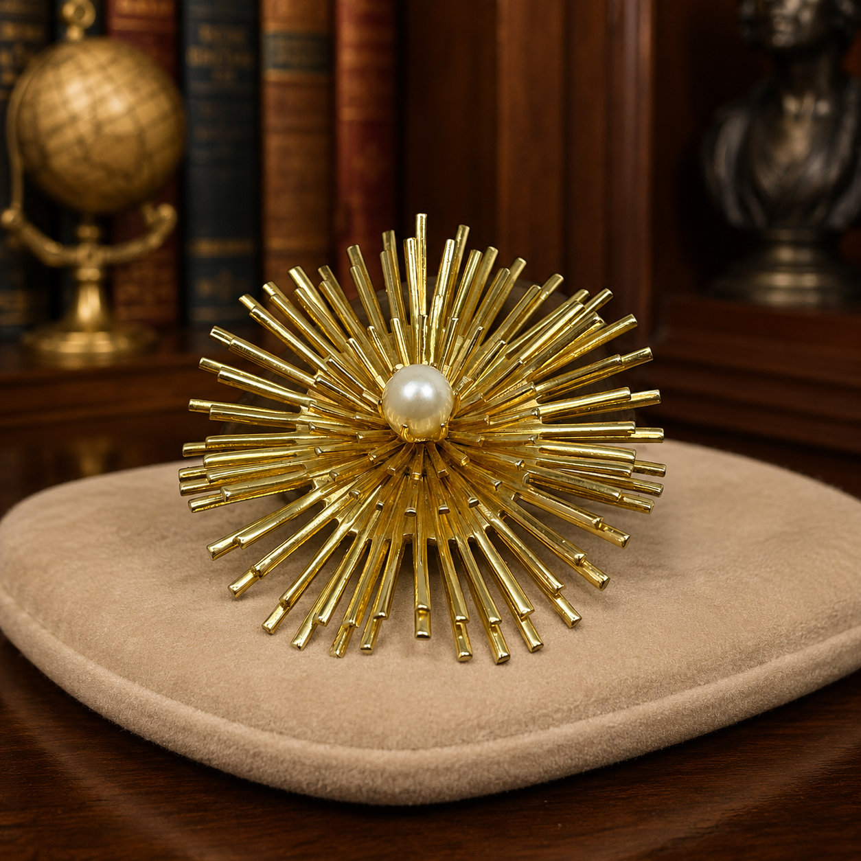 Vintage Gold Tone Faux Pearl Sunburst Brooch 20.9g