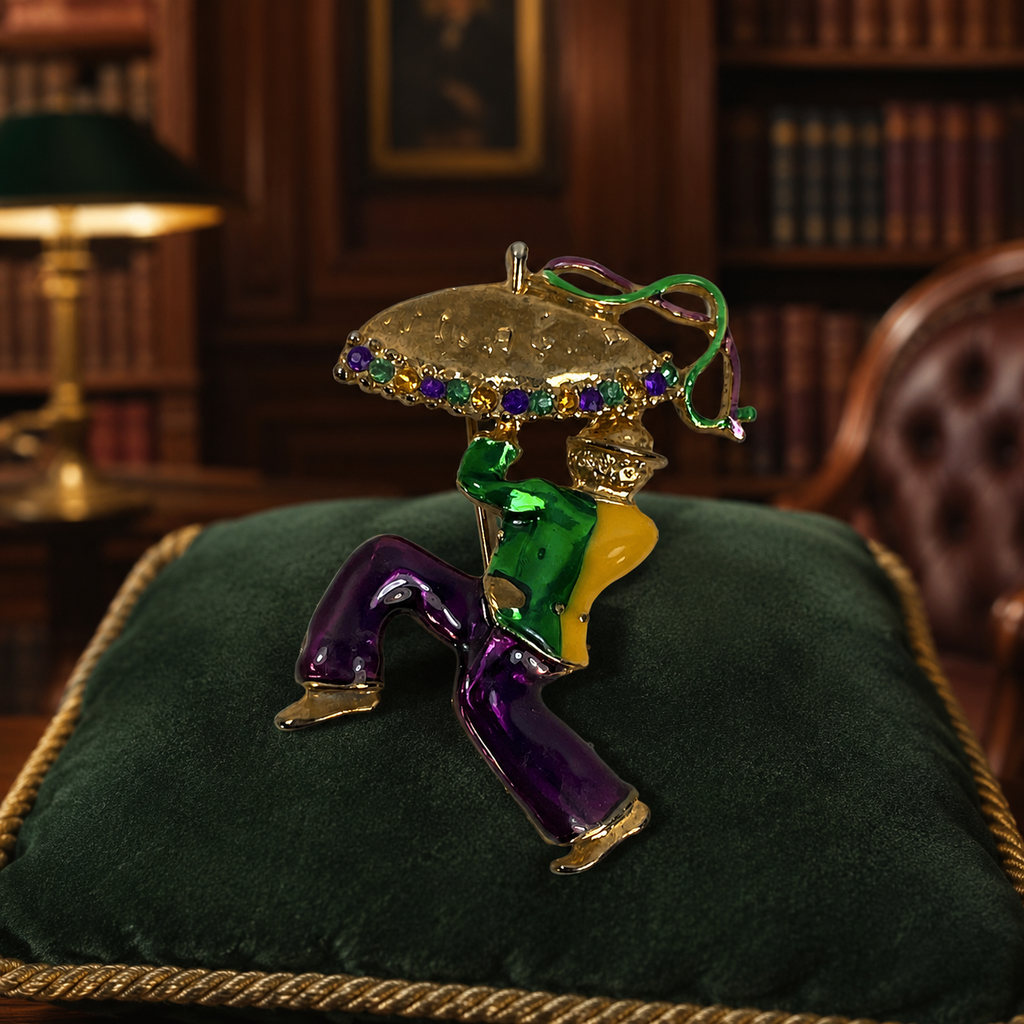 Gold-Tone Purple, Green & Yellow Enamel Figural Brooch