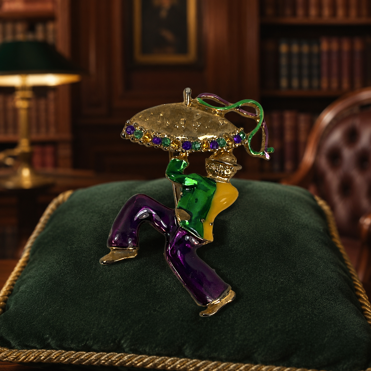 Gold-Tone Purple, Green & Yellow Enamel Figural Brooch