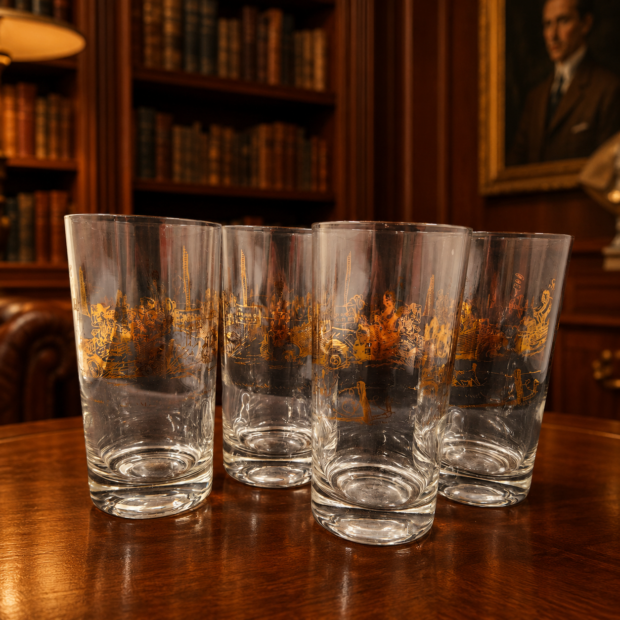 Set of 4 Vintage Highball Glasses Gold Black Antique Car Scene 5-6 Inch