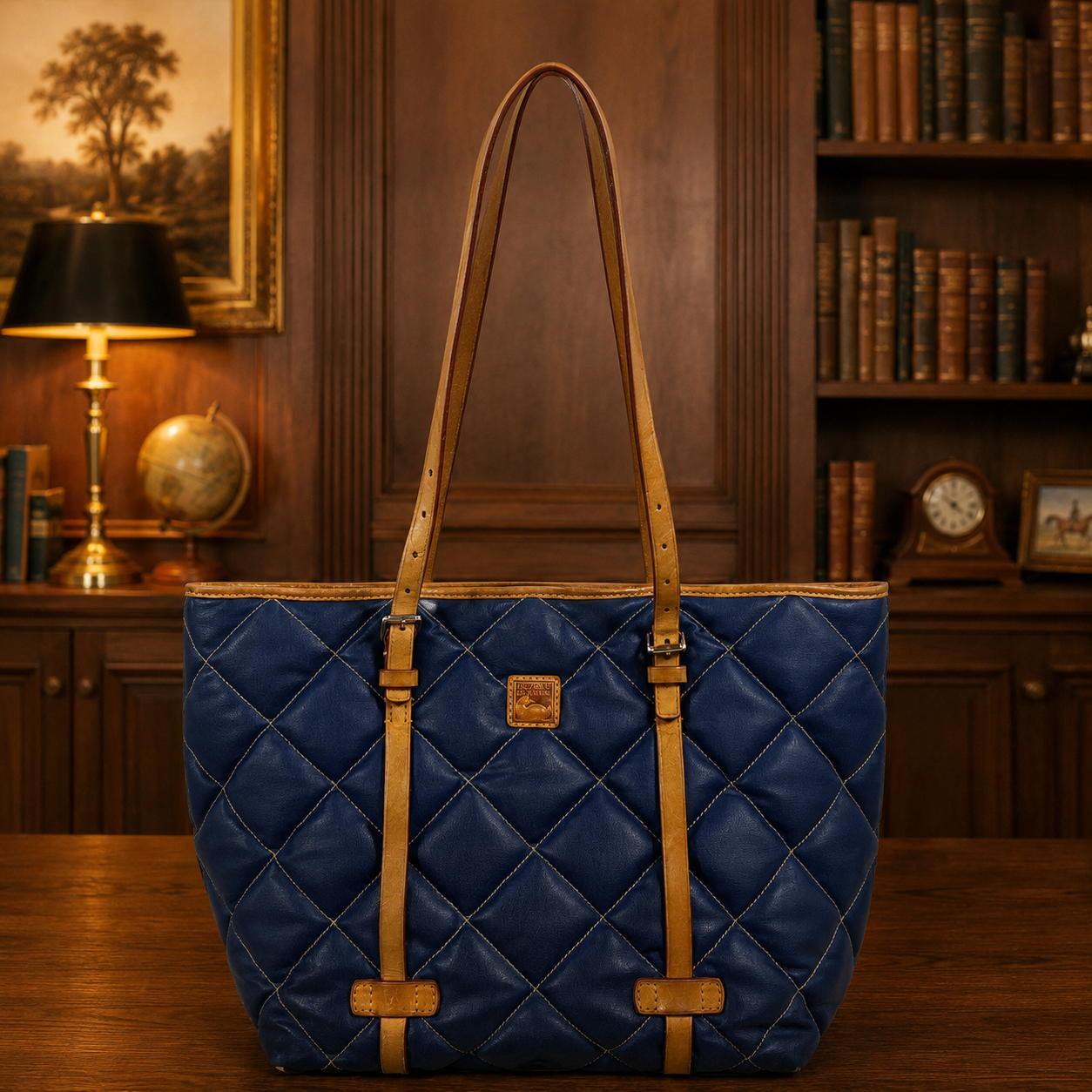 Dooney & Bourke Navy Blue Quilted Nylon Tote Bag Tan Leather Trim