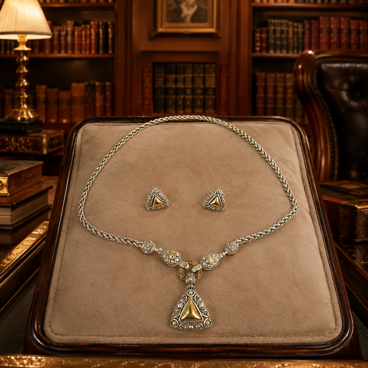 1990's Brutalist Silver and Gold-Tone Necklace and Earring Set [SA8438]