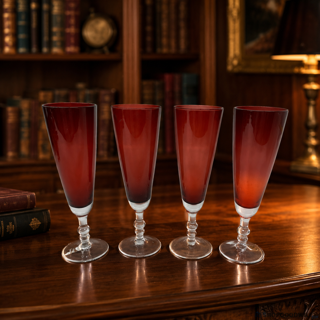 Set of 4 Handmade Ruby Red Glass Champagne Flutes with Etched Floral Design