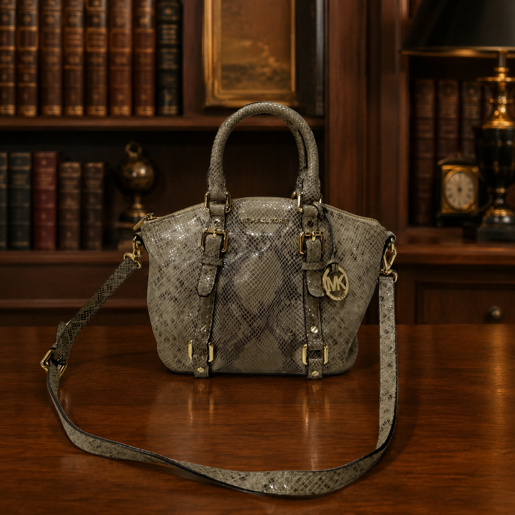 Michael Kors Womens Faux Leather Python Print Gold Hardware Satchel Bag