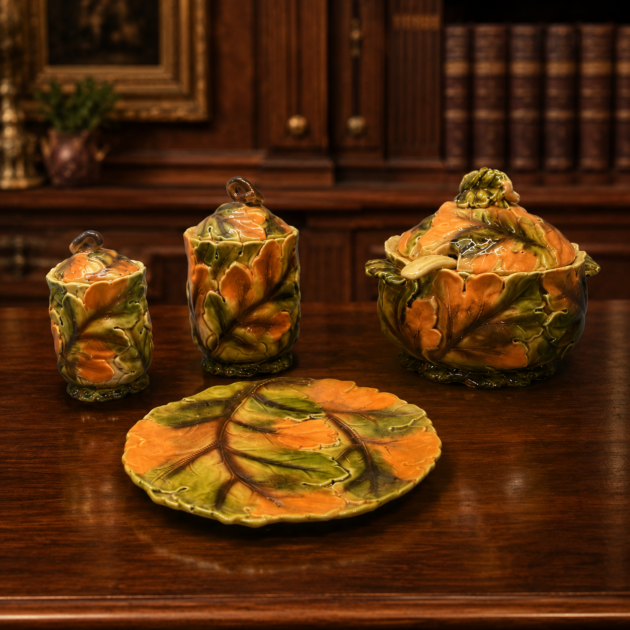 Vintage Inarco Autumn Leaves Soup Tureen Set with Canisters, Plate & Serving Spoon