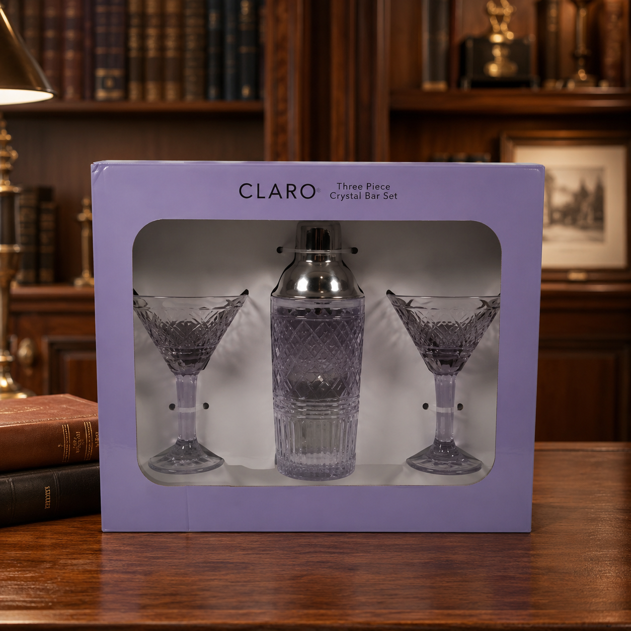 Claro by Godinger Crystal Martini Glass Set with Shaker - Purple