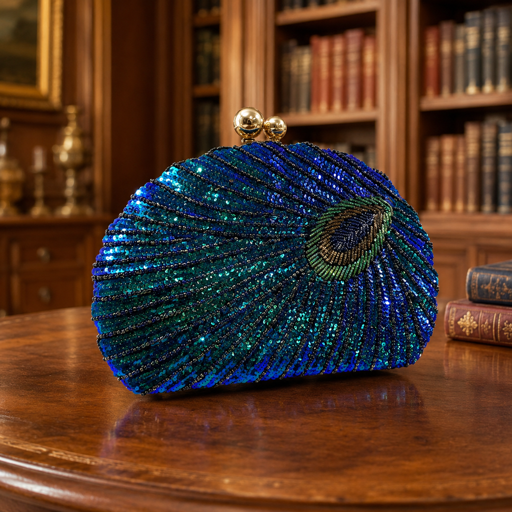 Peacock Beaded Clamshell Evening Bag with Chain Strap, Blue Green Sequined Crossbody Purse