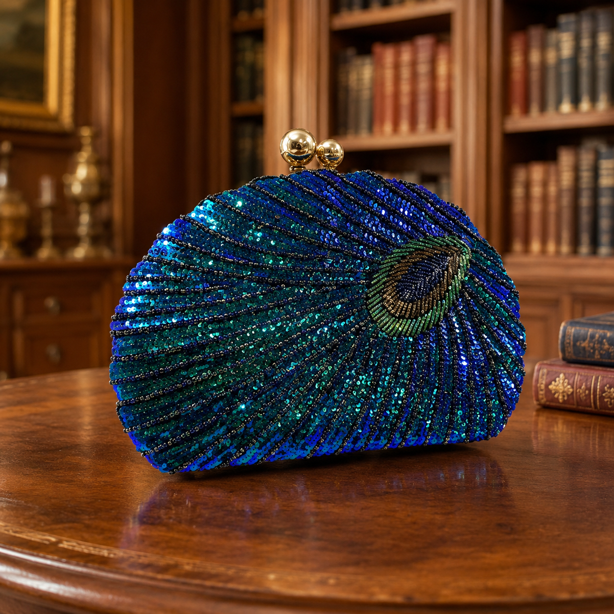 Peacock Beaded Clamshell Evening Bag with Chain Strap, Blue Green Sequined Crossbody Purse