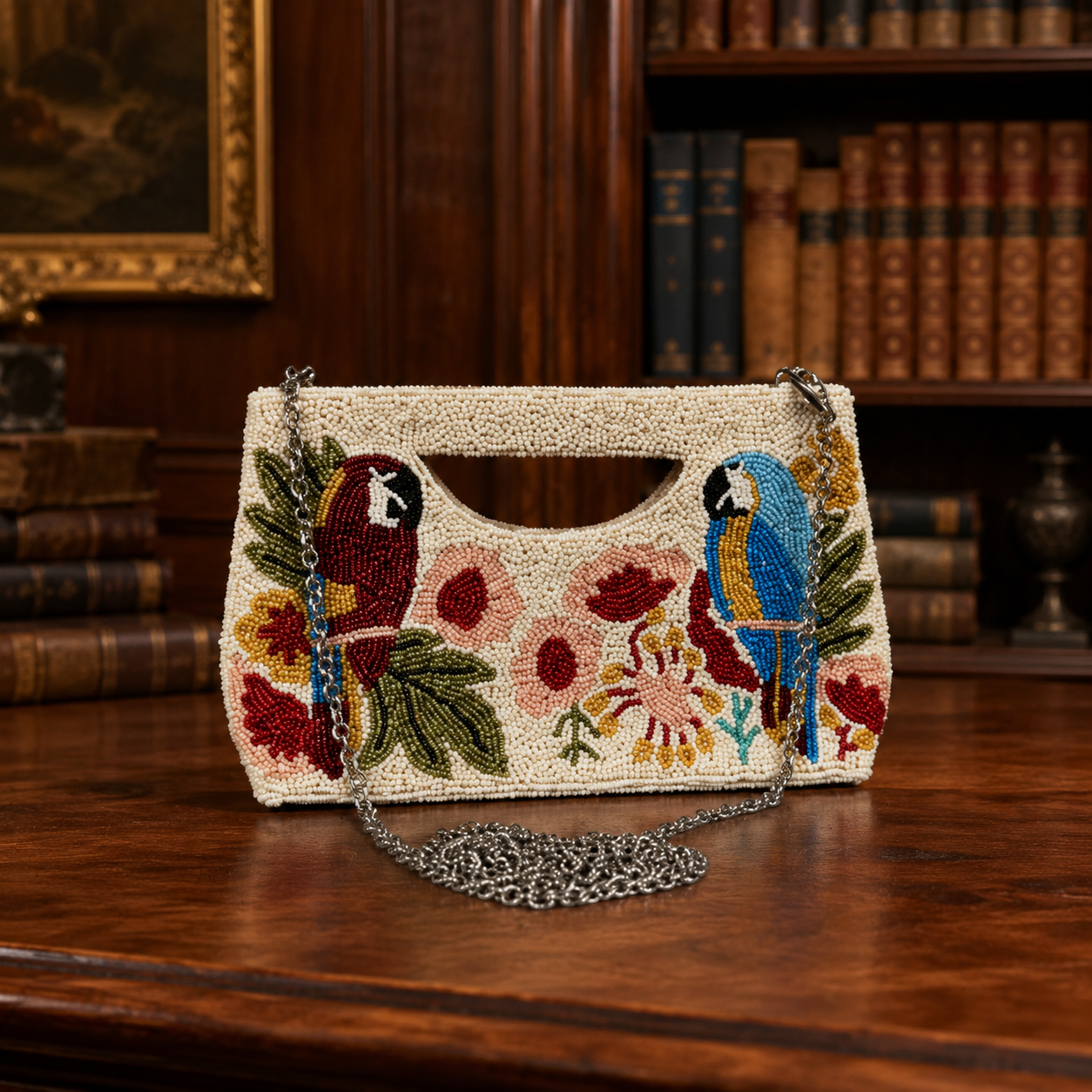 America & Beyond White Beaded Parrot Macaw Tropical Floral Satchel Handbag Chain