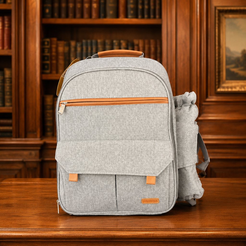 Sunflora Grey Picnic Backpack with Brown Faux Leather Accents
